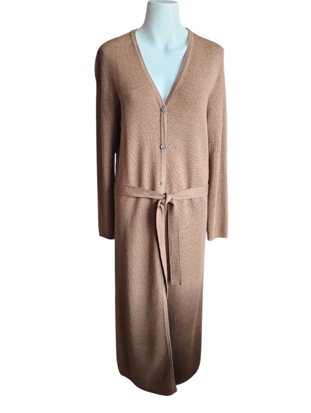 Eddie Bauer Long Line Tie Waist Fine Italian Merino Wool Cardigan Large FLAWED